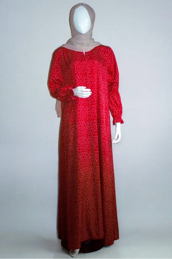 "Scarlet Dots Abaya - Vibrant Red with Chic Dot Accents